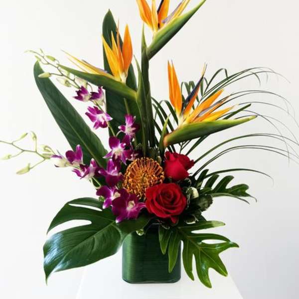 Tropical flower arrangement with red roses and orange bird of paradise in a green vase