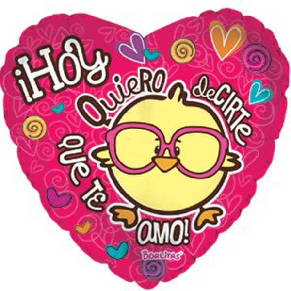 Heart-shaped pink foil balloon with a cartoon chick and Spanish text