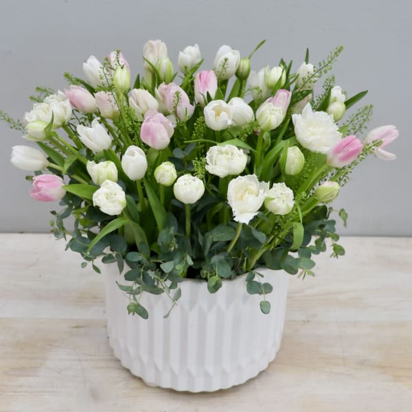 White and pale pink tulips in a round white textured ceramic pot