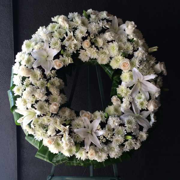Circle of White Mums, Soft white Roses and White Lilies Wreath - F30012