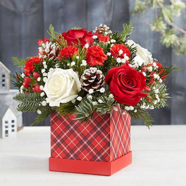 Red and white rose arrangement in a plaid gift box with pinecones