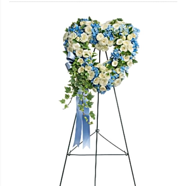 White and Blue Heart-Shaped Funeral Standing Spray