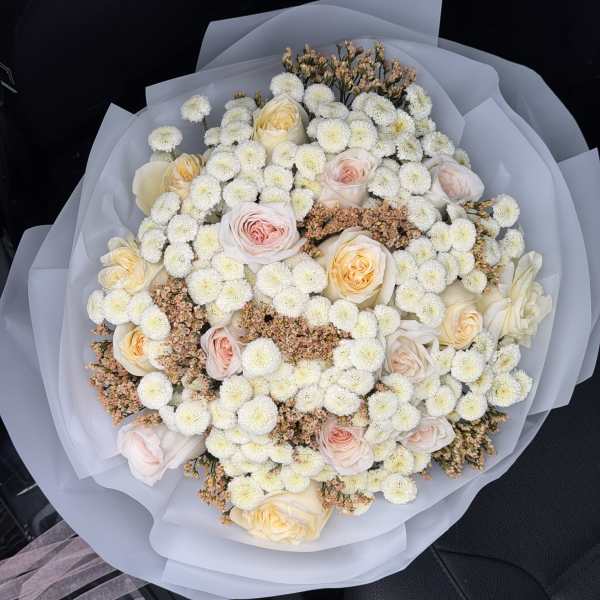 Delicate Bouquet of Roses, Chrysanthemums and Limonium