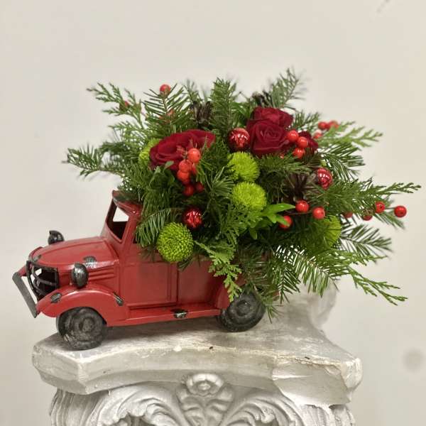 Merry and Bright Truck Arrangement by Westford Florist Art by Veny