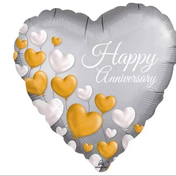 Heart-shaped silver anniversary balloon with gold and white hearts
