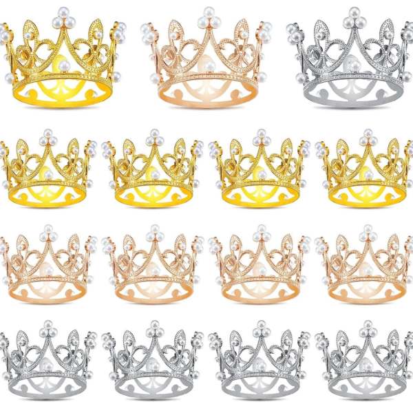 Set of decorative crown rings in gold, rose gold, and silver