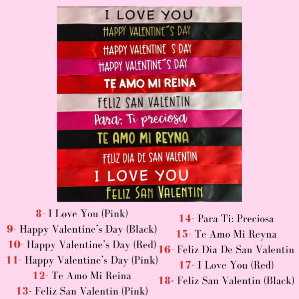 Stacked satin ribbon samples with Valentine messages printed on them