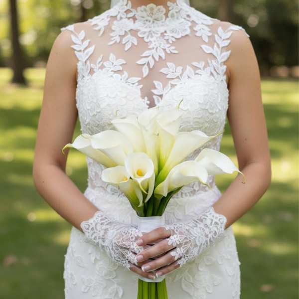 Bride holding a bouquet of white calla lilies