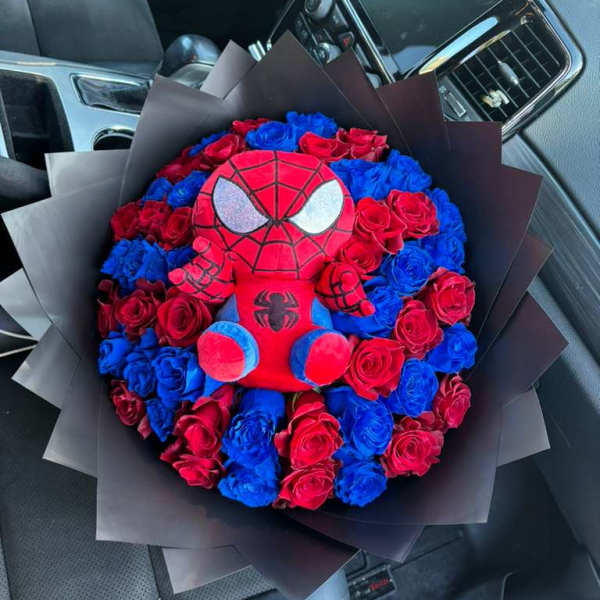 Spider-Man plush surrounded by red and blue roses in black wrap