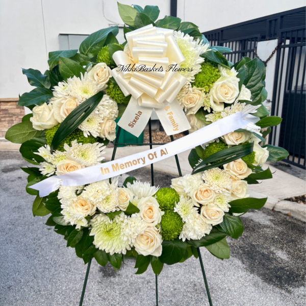 Elegant White & Green Sympathy Wreath With Bow And Custom Ribbon