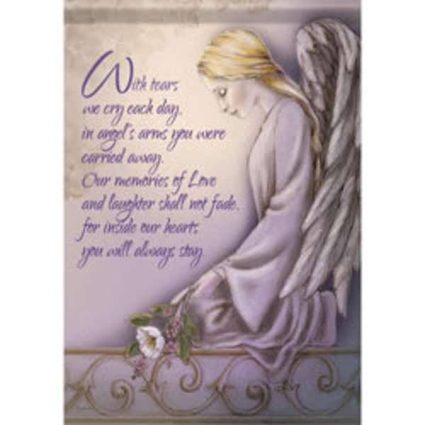 Sympathy card with an angel illustration and purple memorial text