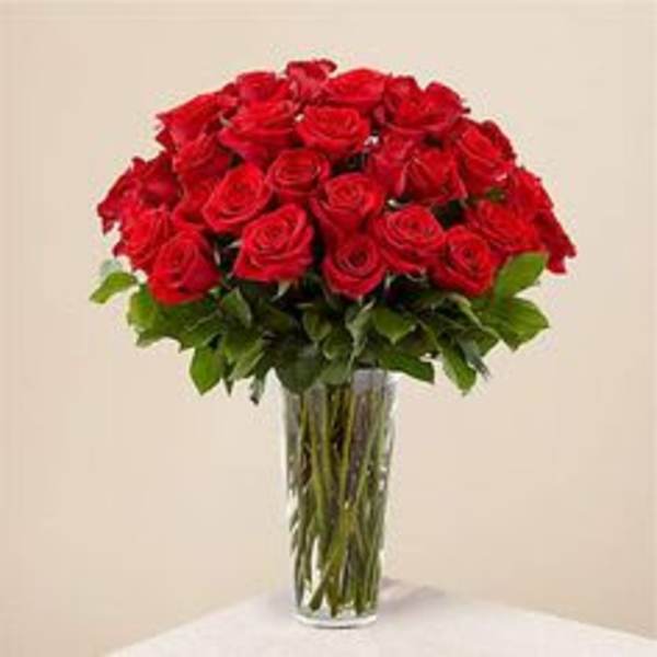 Red roses arranged in a clear glass vase