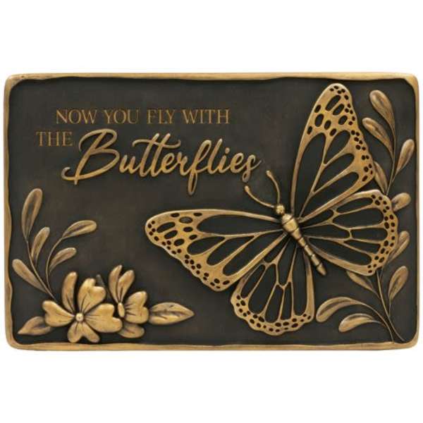 Decorative plaque with a butterfly and flowers on a dark background