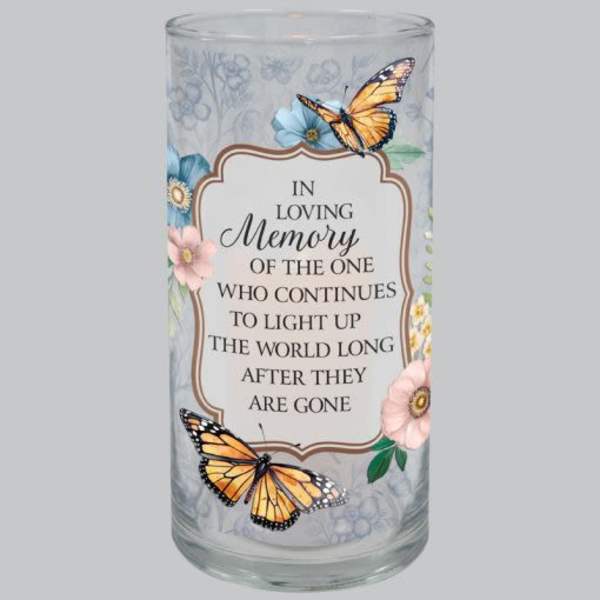 Glass memorial candle holder with butterflies and flowers