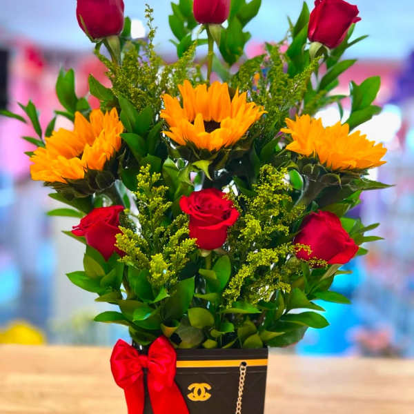 Chanel Basket With Red Roses And Sunflowers –Black