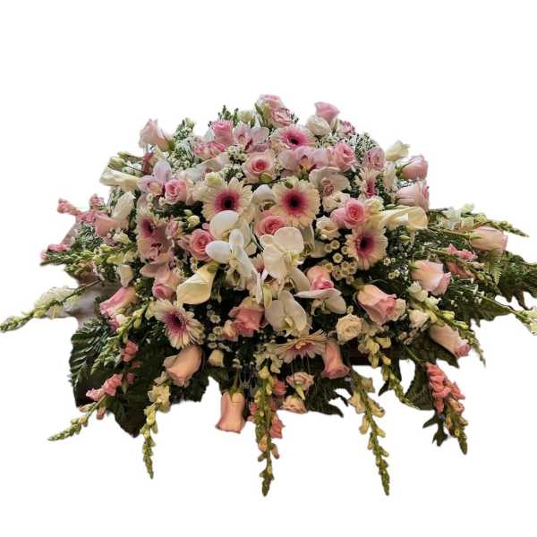 Large pink and white floral casket spray with cascading blooms