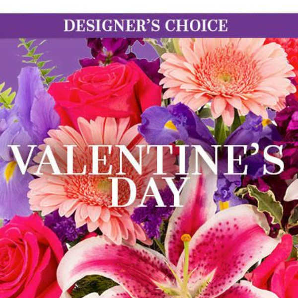 Bright Valentine's Day designer's choice graphic with pink lilies, roses, and gerbera daisies on a purple background