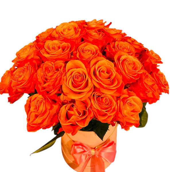 Orange rose bouquet in a round box with a ribbon