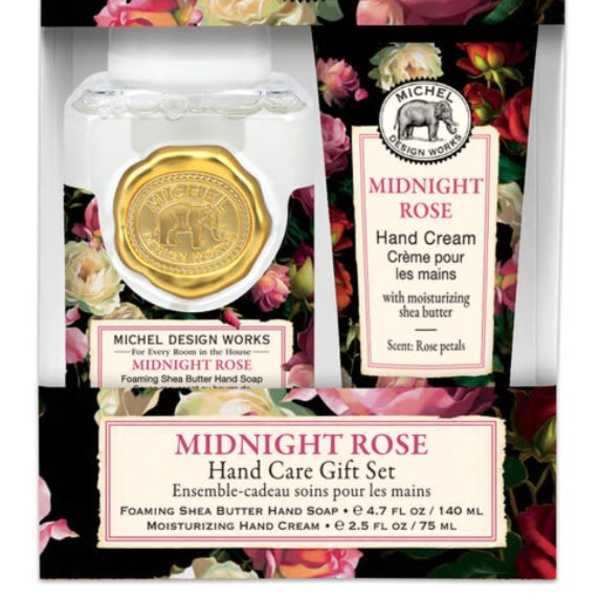 Rose-scented hand soap and hand cream gift set in floral packaging