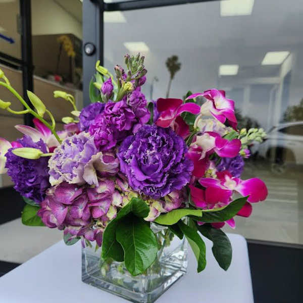 Compact arrangement of purple and pink flowers in a clear glass cube vase.