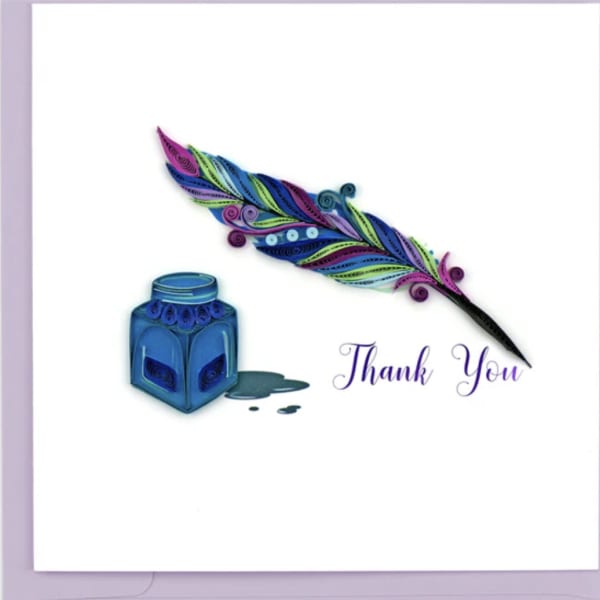 Thank you card with a colorful quilled feather and blue ink bottle
