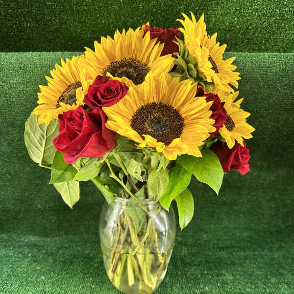 Red Roses & Sunflowers in a Vase