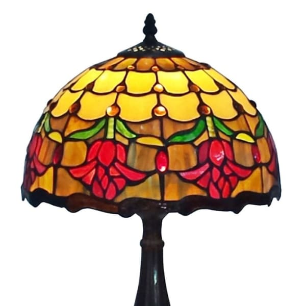 Stained glass table lamp with yellow and red floral shade