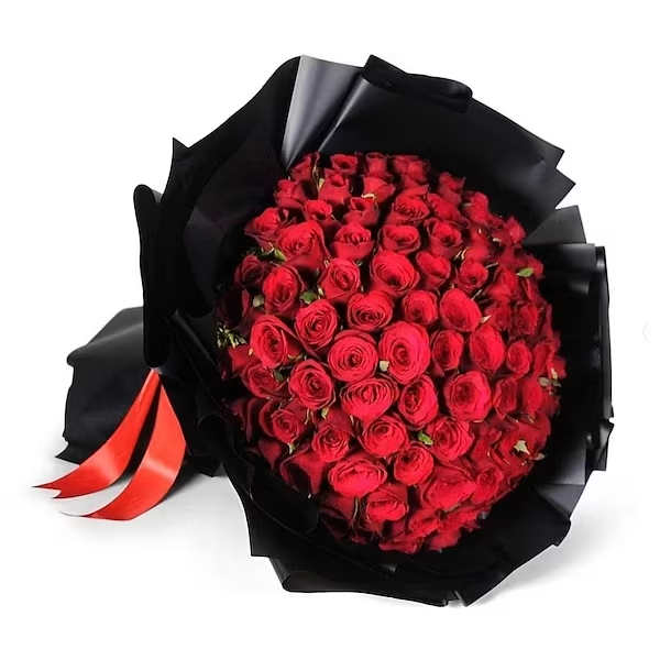 Bouquet of red roses wrapped in black paper with a red ribbon