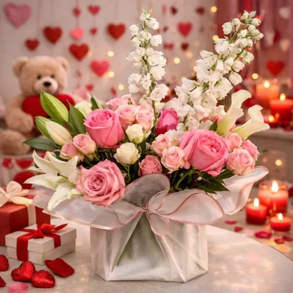 Pink roses and white lilies in a wrapped gift box with a teddy bear and candles behind