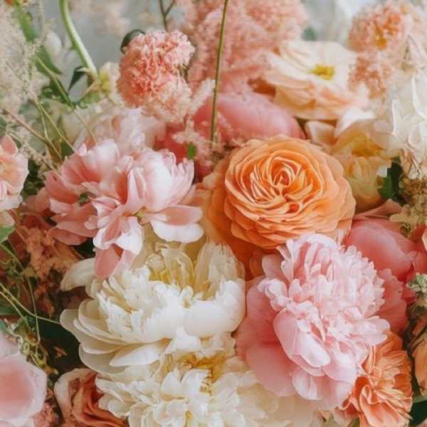 Peach and white bouquet of layered blooms with soft pink flowers