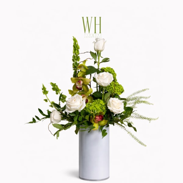 White roses and green orchids in a tall silver vase