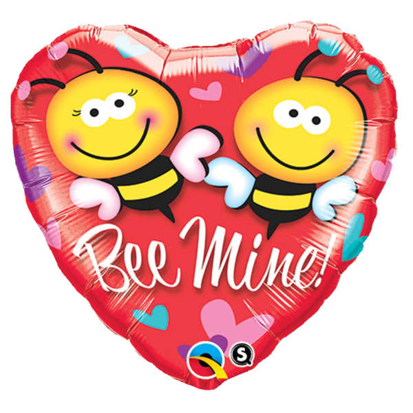 Heart-shaped red balloon with two cartoon bees and "Bee Mine!" text