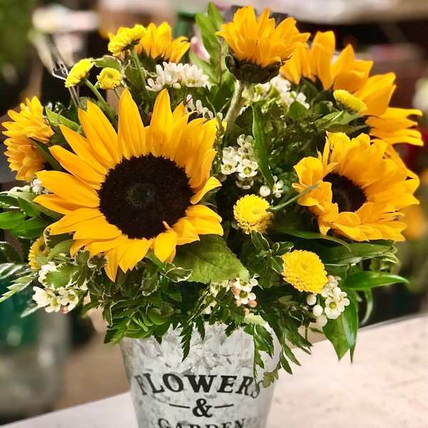 Bouquet of yellow sunflowers and small white flowers in a metal container