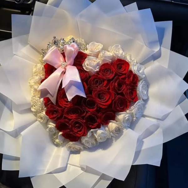 Heart Shape with red and white roses
