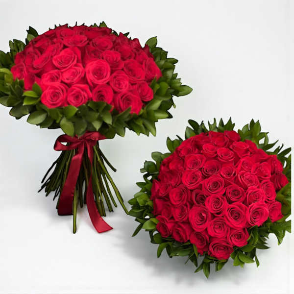 50 Red Rose With Red Ribbon