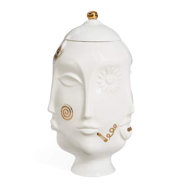 White ceramic face-shaped jar with gold accents and lid