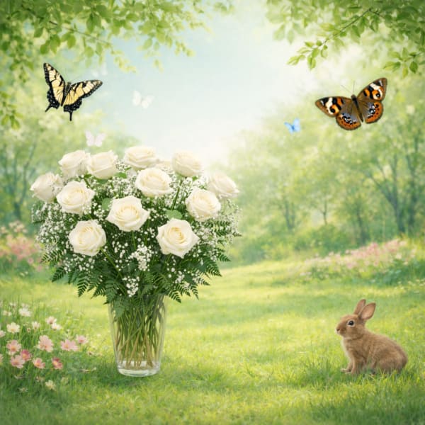 White roses in a clear glass vase with butterflies and a rabbit in a meadow