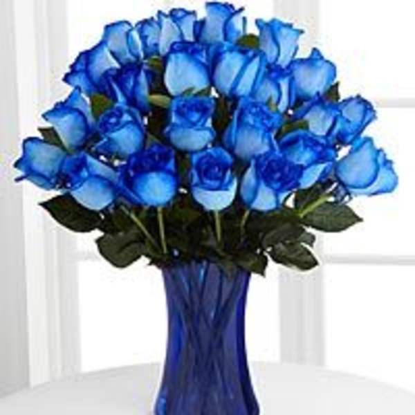 Blue roses arranged in a tall blue vase