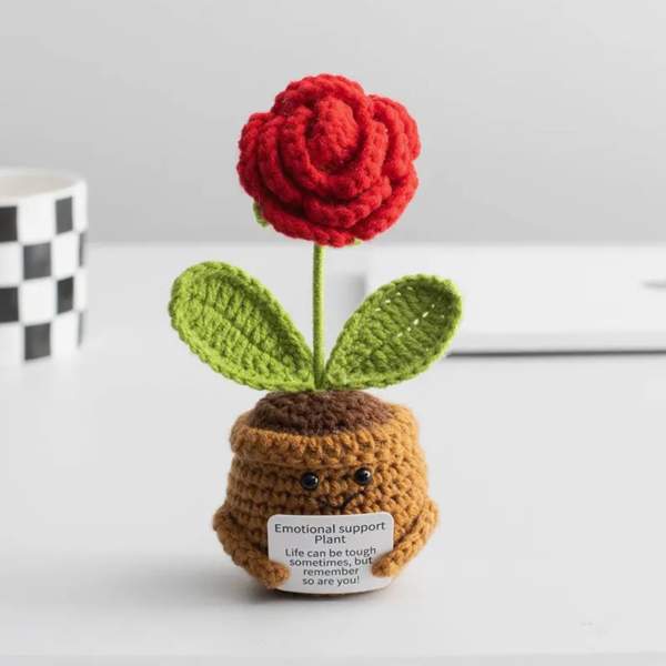 Red Rose Crochet Pot Cute Knitted Gift Decor