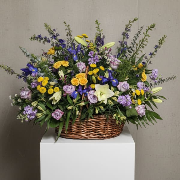 Mixed flower arrangement in a wicker basket with purple, yellow, and white blooms