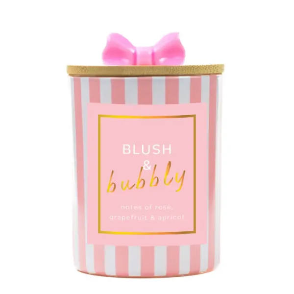 Pink striped candle jar with a bow-shaped lid