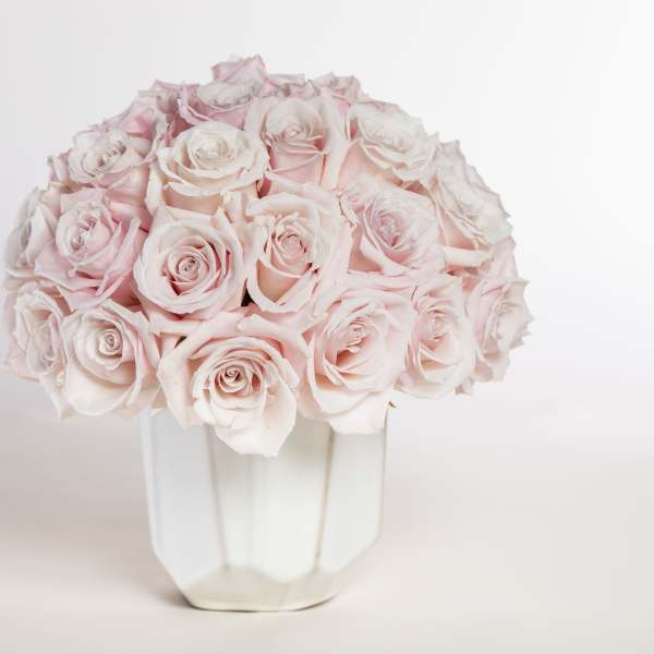 Bouquet of pale pink roses in a white vase