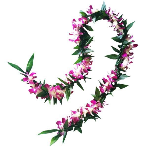 Two pink and white floral leis on a white background