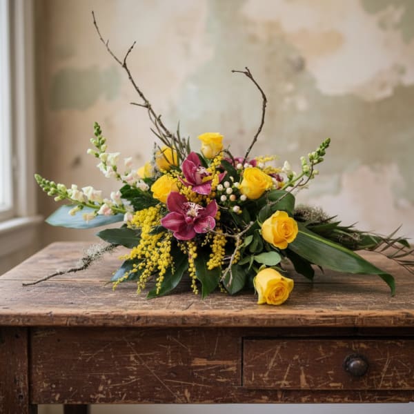 Low arrangement of yellow roses, pink orchids, and white snapdragons on a rustic wooden table