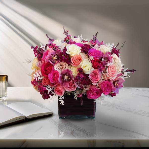 Bouquet of pink and white roses in a square glass vase