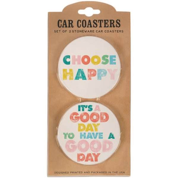 Packaged set of two round car coasters with colorful text