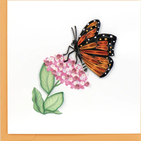 Greeting card with orange quilled butterfly on pink flowers and an orange border