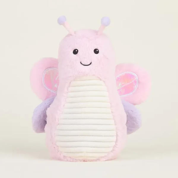 Pink plush butterfly toy with a smiling face and pastel wings