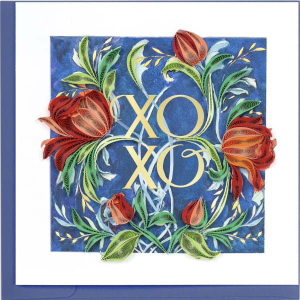 Decorative card with paper quilled flowers and gold XO lettering