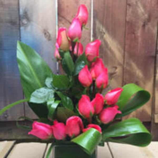 Pink rose bouquet in a square glass vase with broad leaves